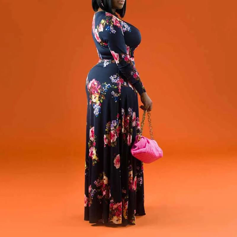Floral Pattern Deep V-Neck Long Sleeve Maxi Dress