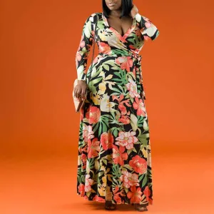 Floral Pattern Deep V-Neck Long Sleeve Maxi Dress
