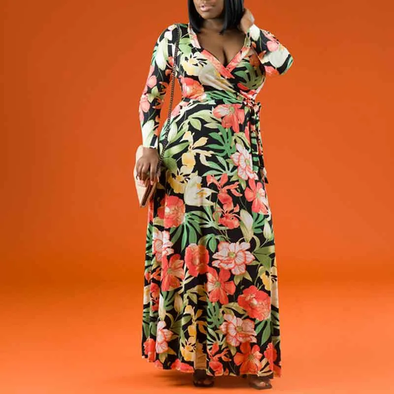 Floral Pattern Deep V-Neck Long Sleeve Maxi Dress