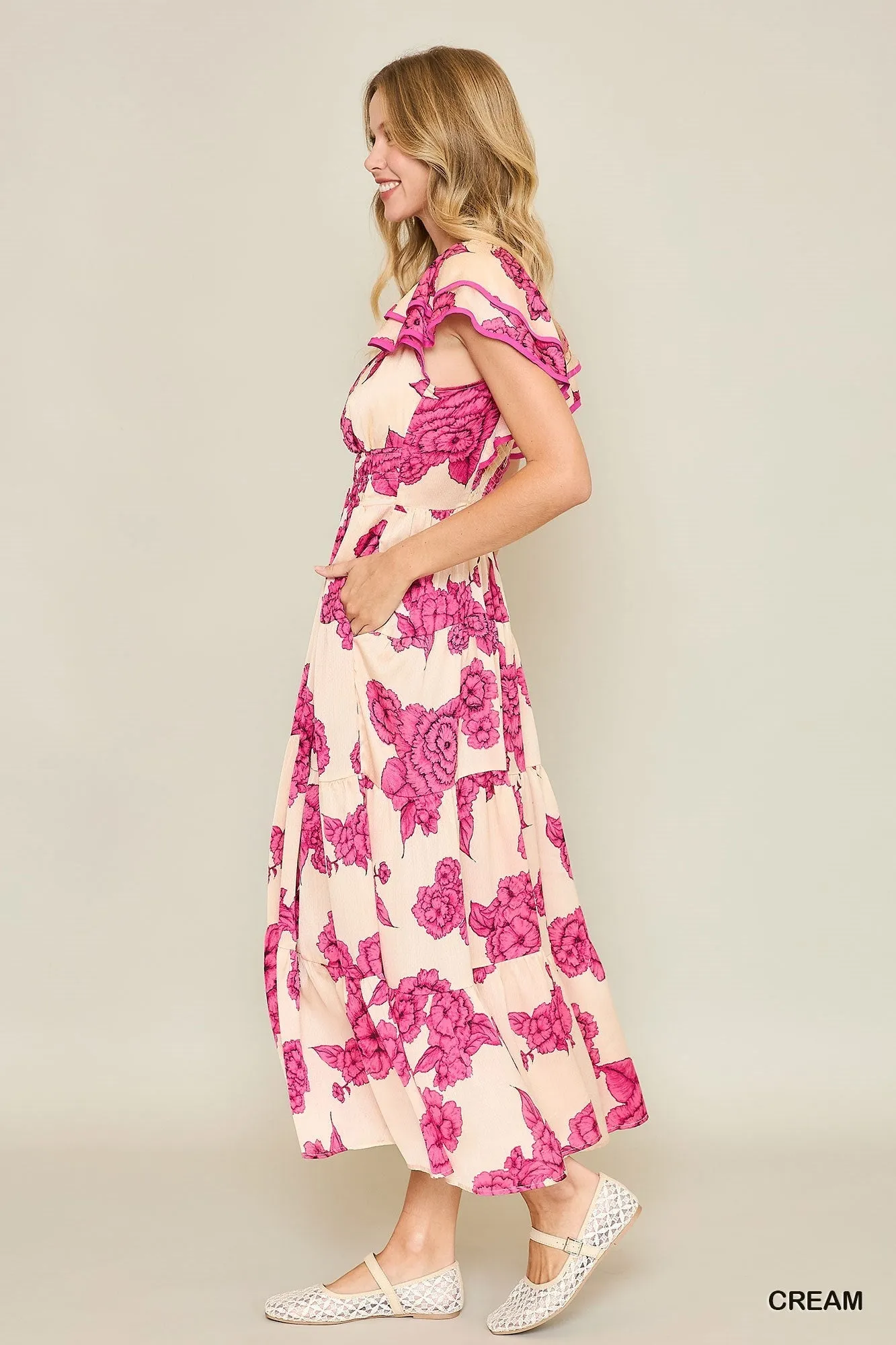 Floral Print Maxi Dress with Tiered Ruff