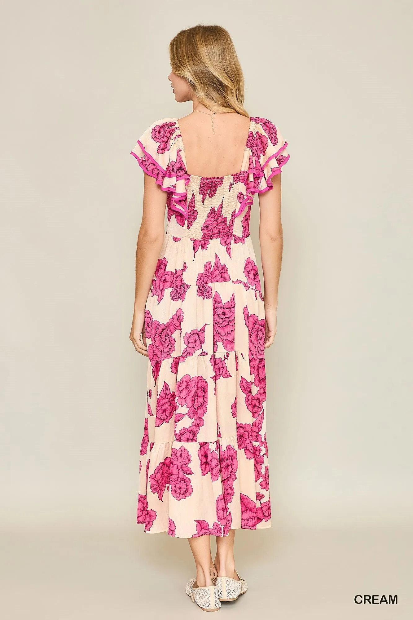 Floral Print Maxi Dress with Tiered Ruff