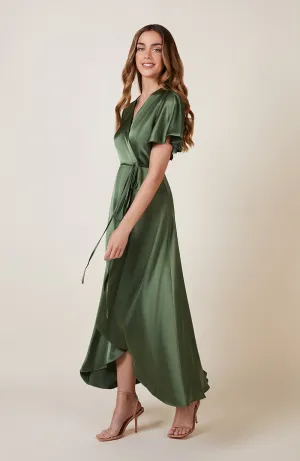 Florence Waterfall Dress in Olive Green Satin