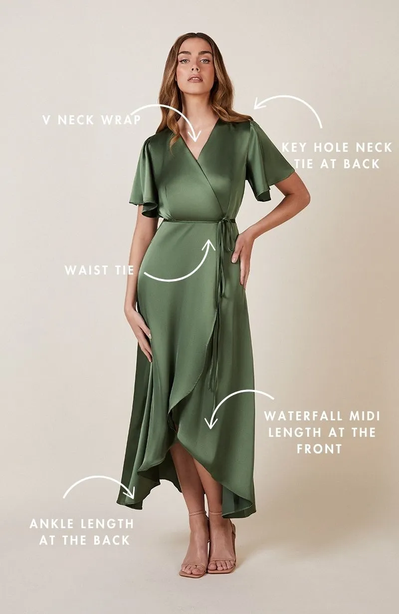 Florence Waterfall Dress in Olive Green Satin