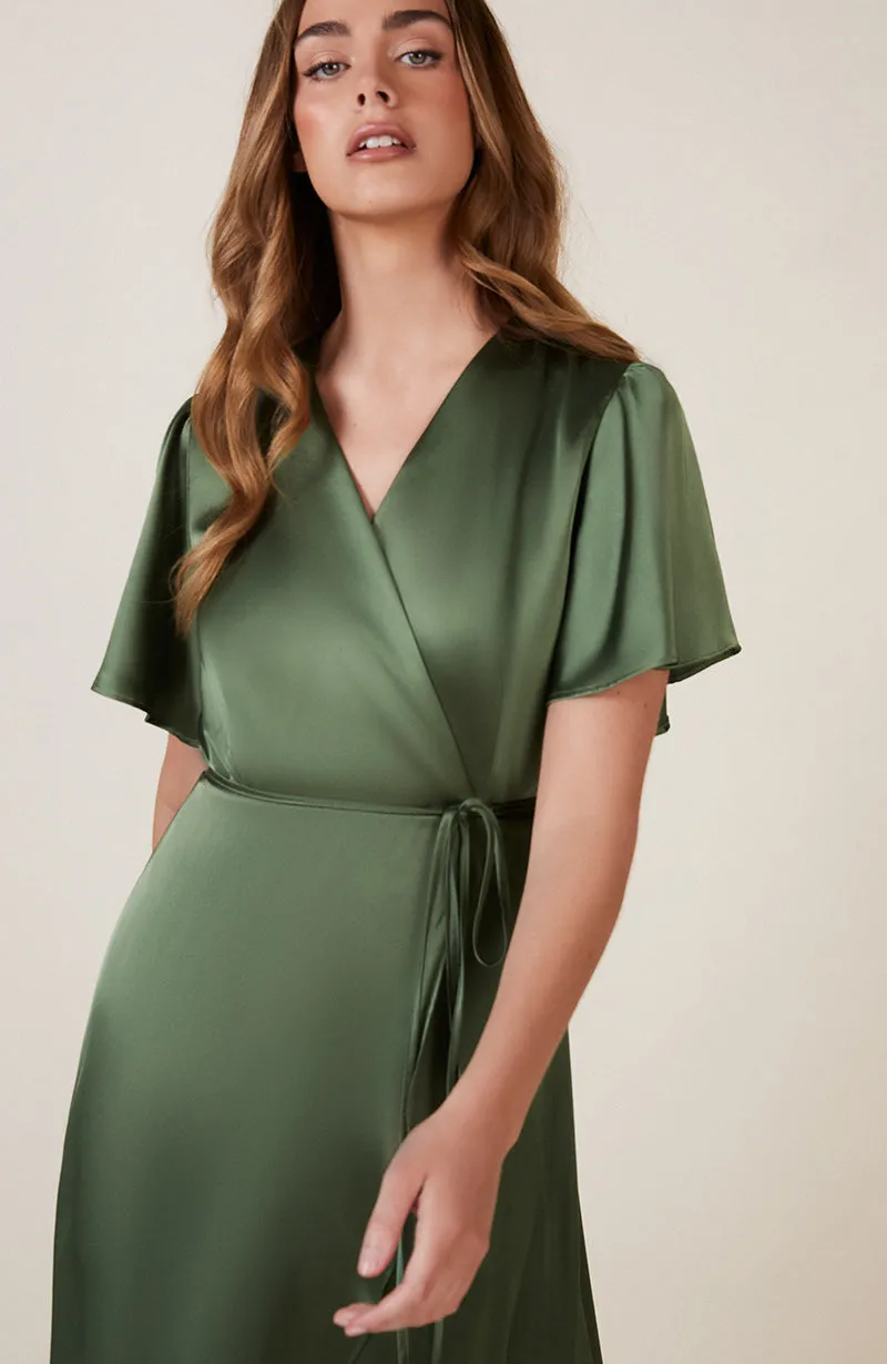 Florence Waterfall Dress in Olive Green Satin