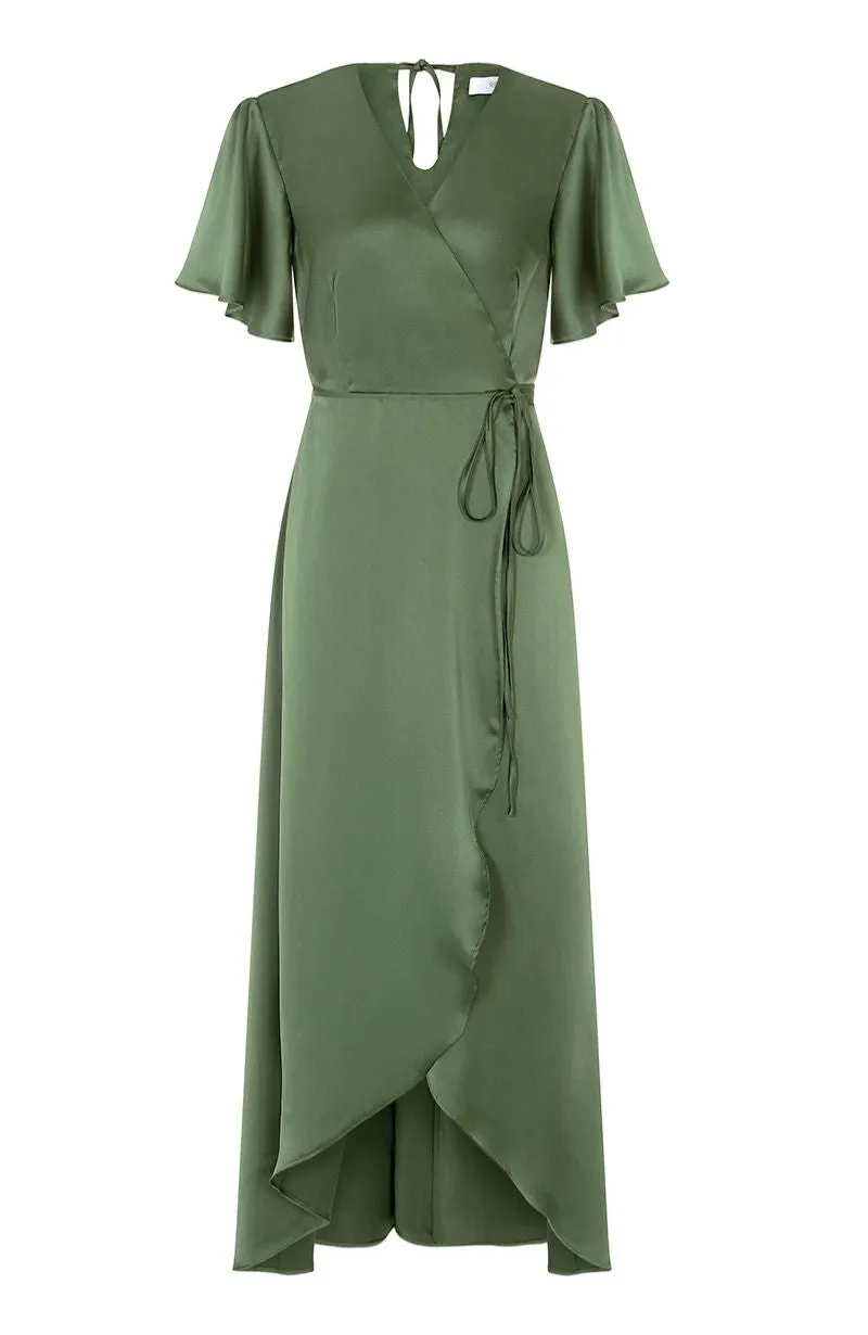 Florence Waterfall Dress in Olive Green Satin