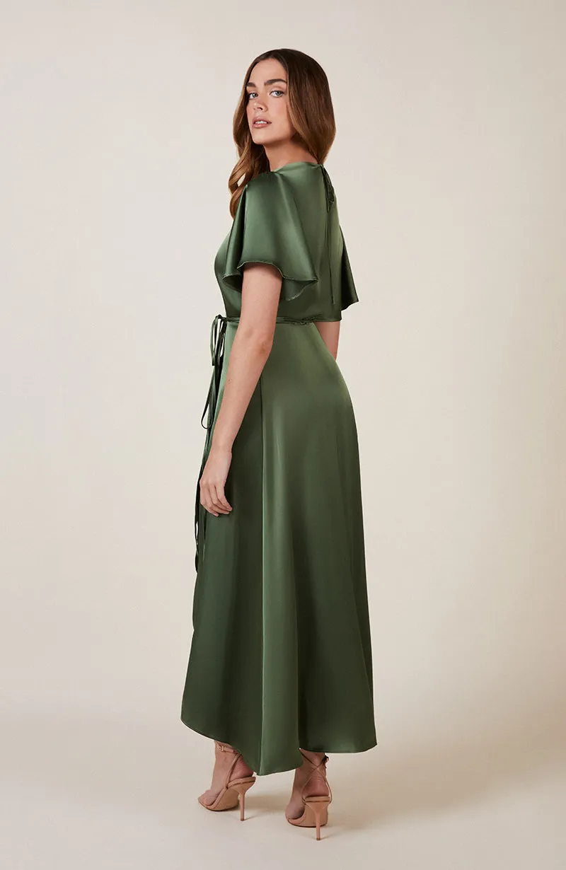 Florence Waterfall Dress in Olive Green Satin