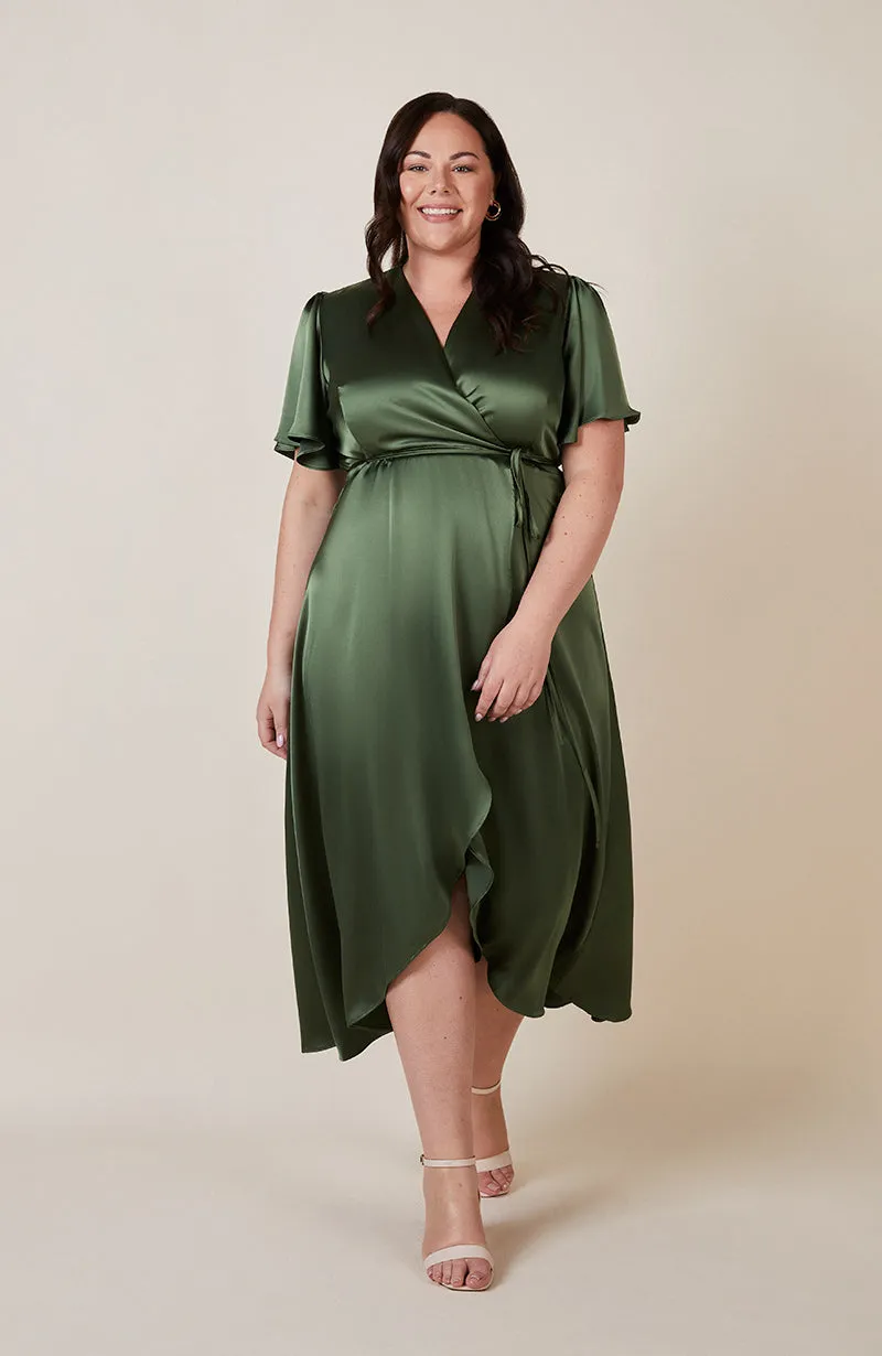 Florence Waterfall Dress in Olive Green Satin