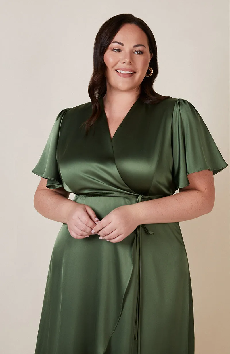 Florence Waterfall Dress in Olive Green Satin