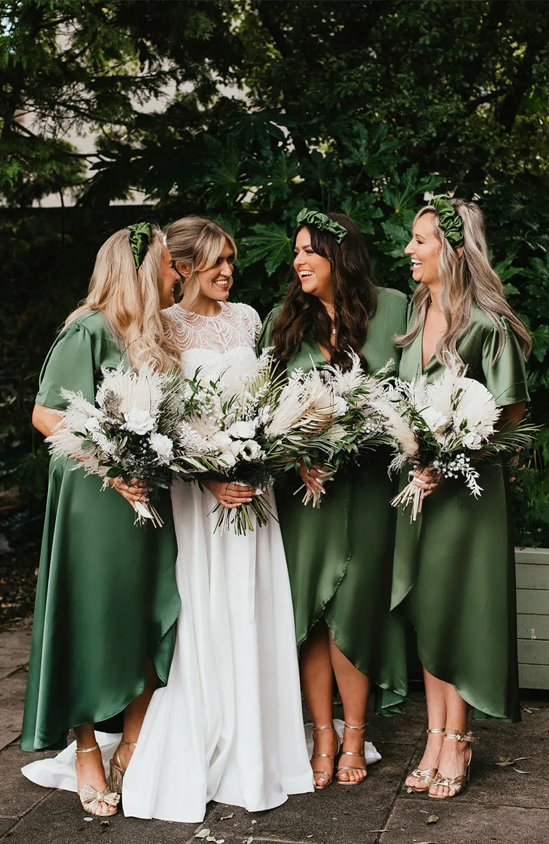 Florence Waterfall Dress in Olive Green Satin