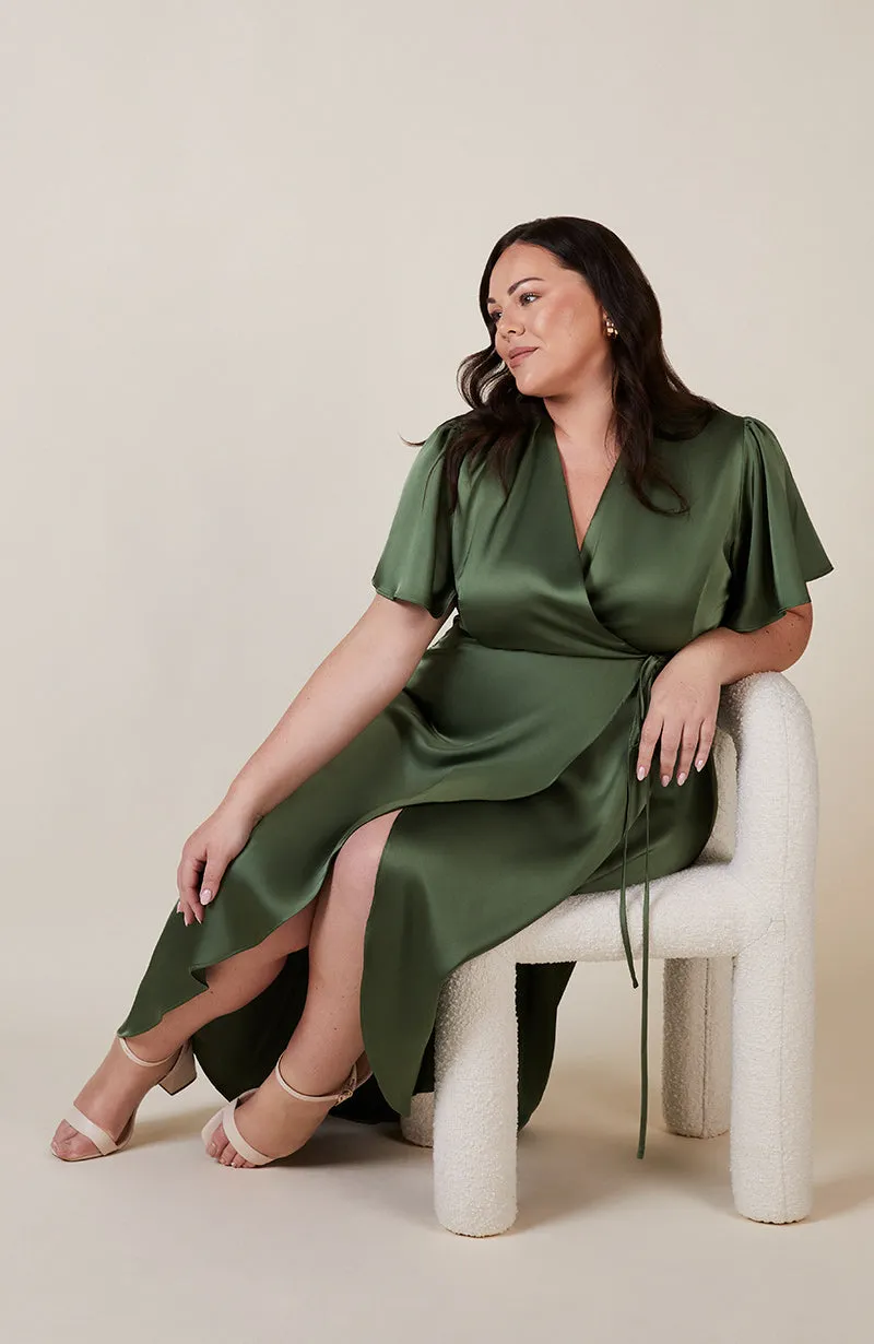 Florence Waterfall Dress in Olive Green Satin