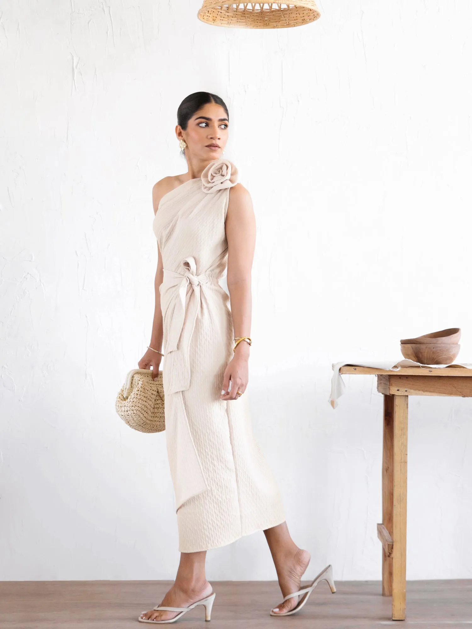 Flower Detailed One Shoulder Mock Wrap Dress