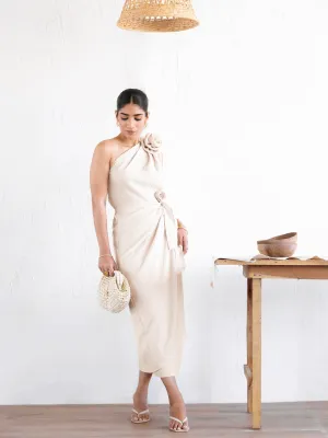 Flower Detailed One Shoulder Mock Wrap Dress