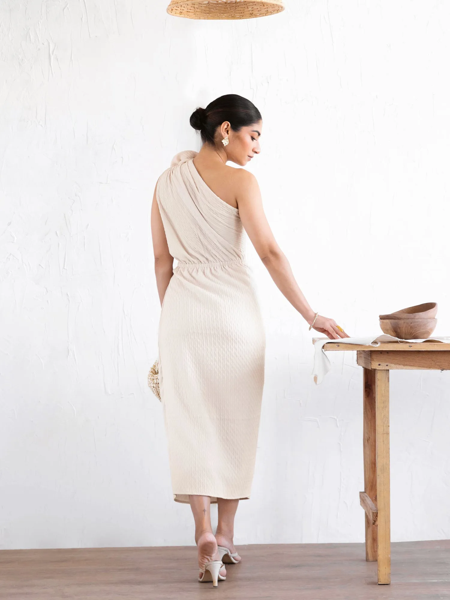 Flower Detailed One Shoulder Mock Wrap Dress
