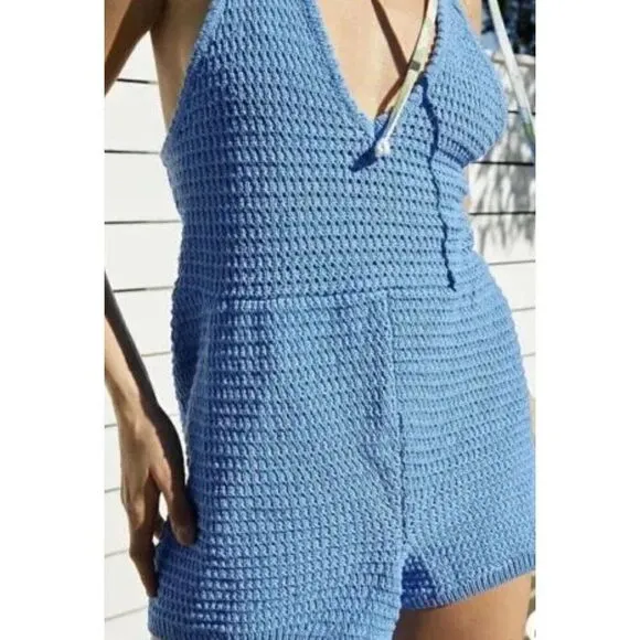 FREE PEOPLE Sz S CLEAR SKIES FAUXCHET SWEATER ROMPER PLAYSUIT BLUE ARROW
