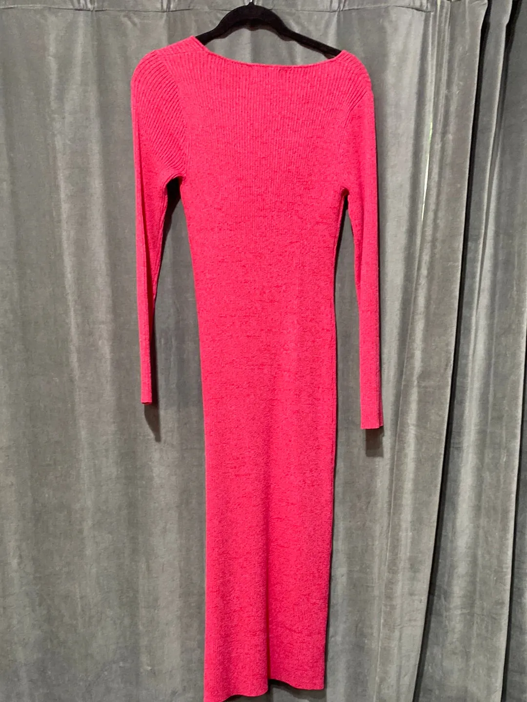 GANNI Pink and Red Ribbed Square Neck Stretch Knit Long Sleeve Maxi Dress