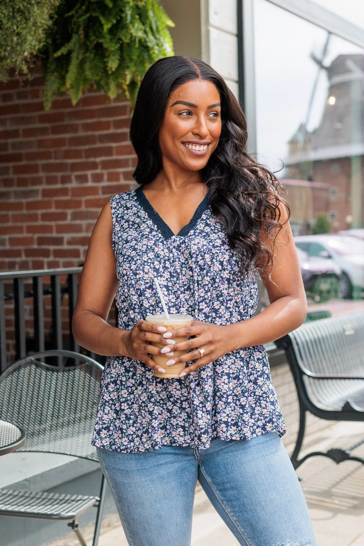 Garden Goddess Floral Tank- Navy