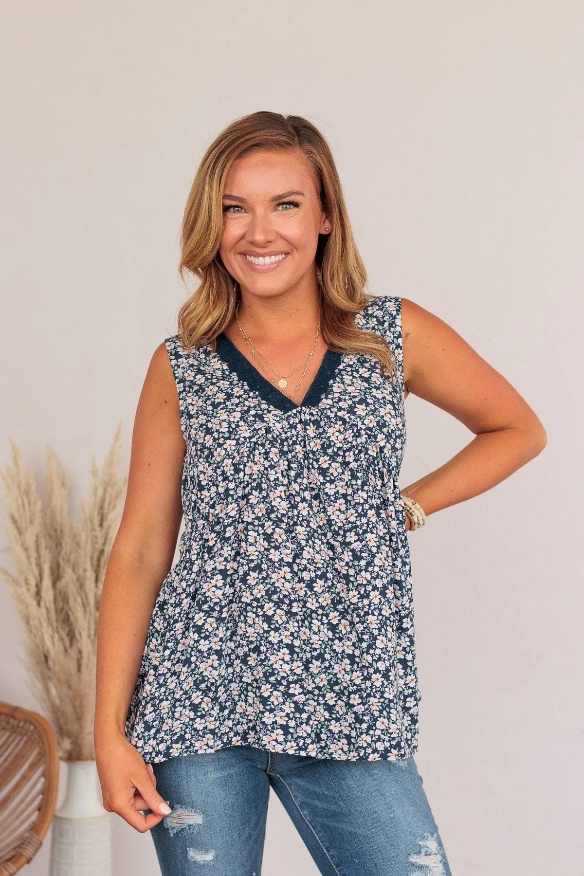 Garden Goddess Floral Tank- Navy