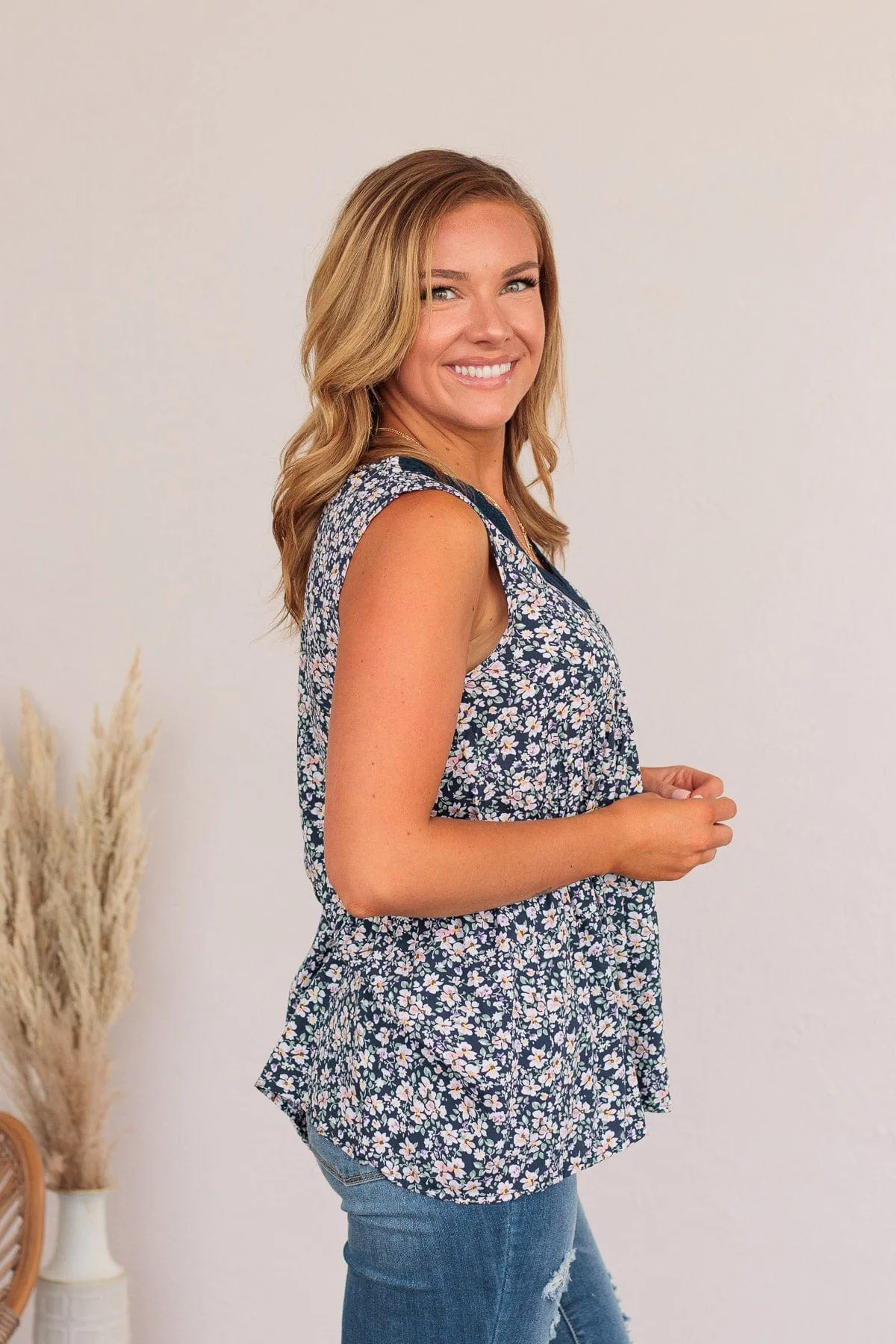 Garden Goddess Floral Tank- Navy