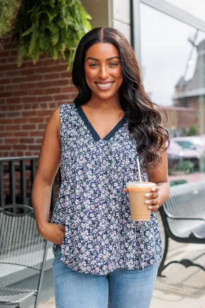 Garden Goddess Floral Tank- Navy