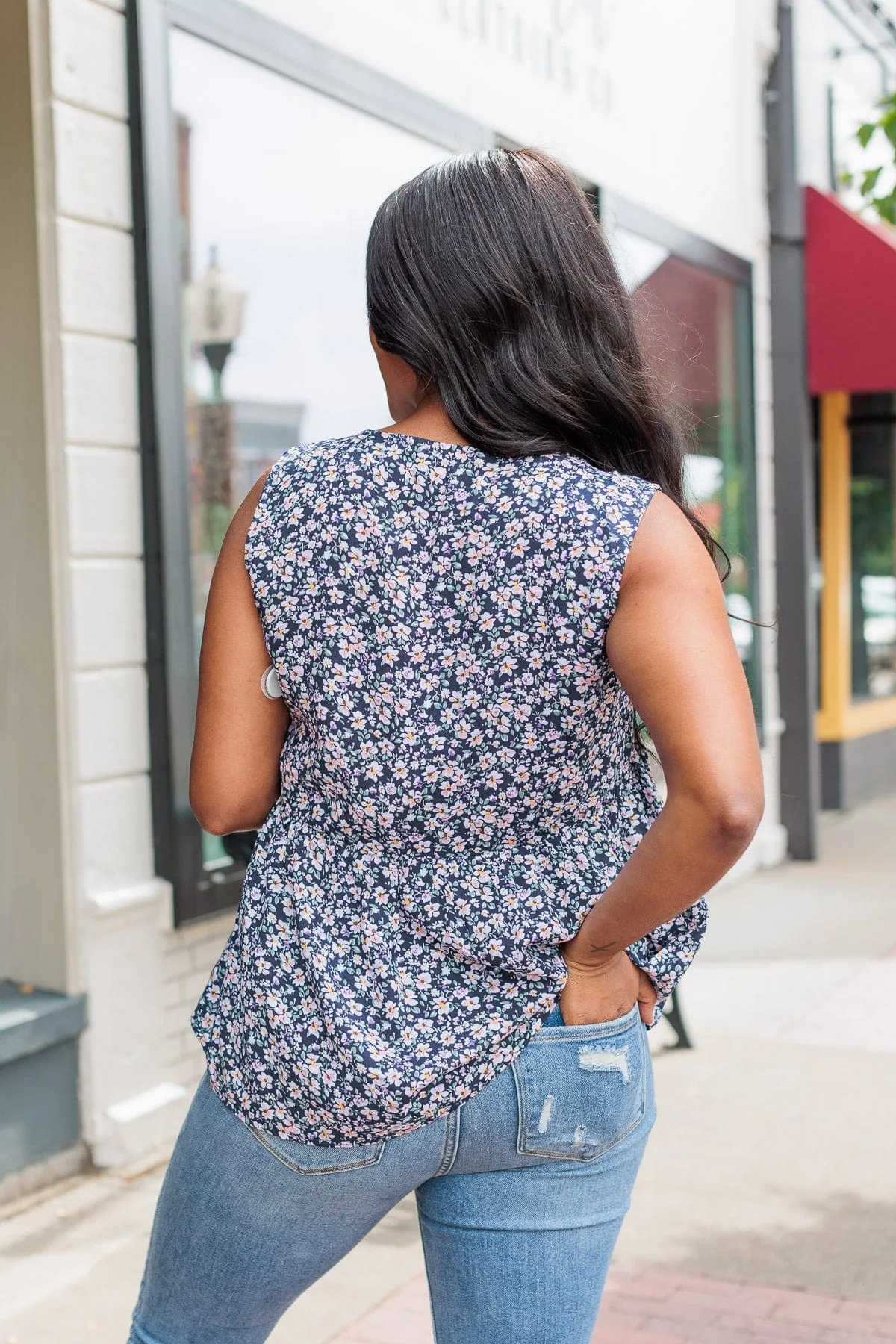 Garden Goddess Floral Tank- Navy