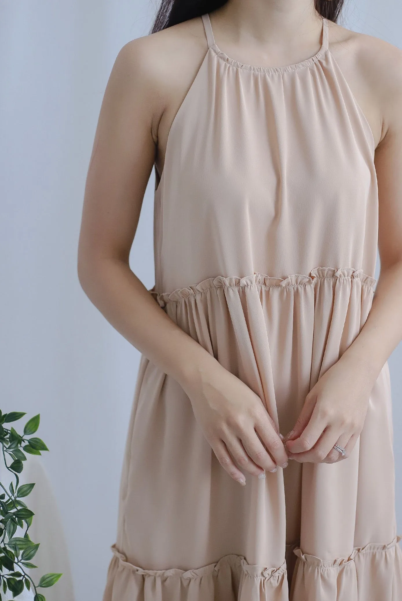 Gem Halter Tiered Dress In Wheat