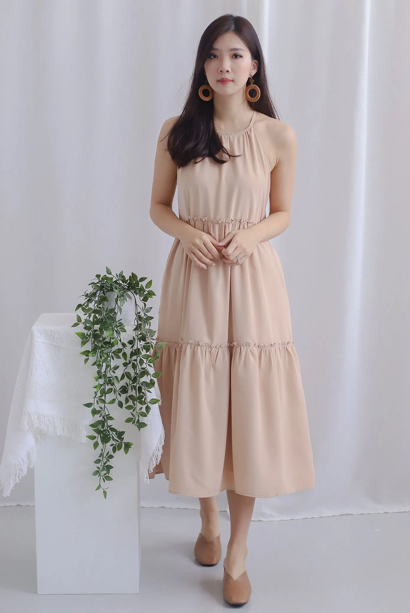 Gem Halter Tiered Dress In Wheat