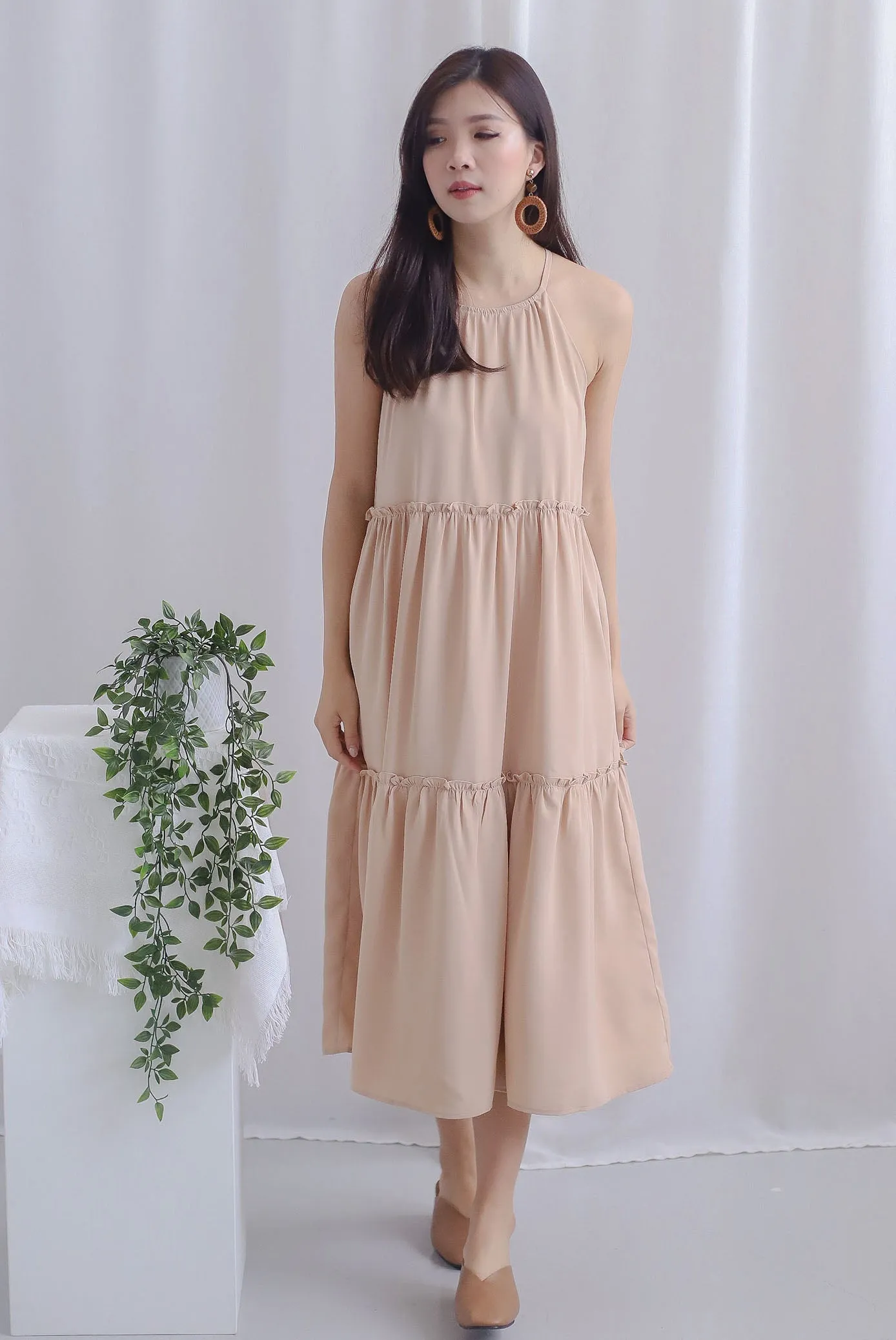 Gem Halter Tiered Dress In Wheat