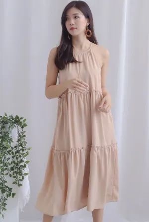 Gem Halter Tiered Dress In Wheat