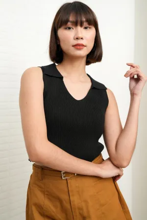 GIGI Sleeveless Collared Rib-Knit Top (Black)