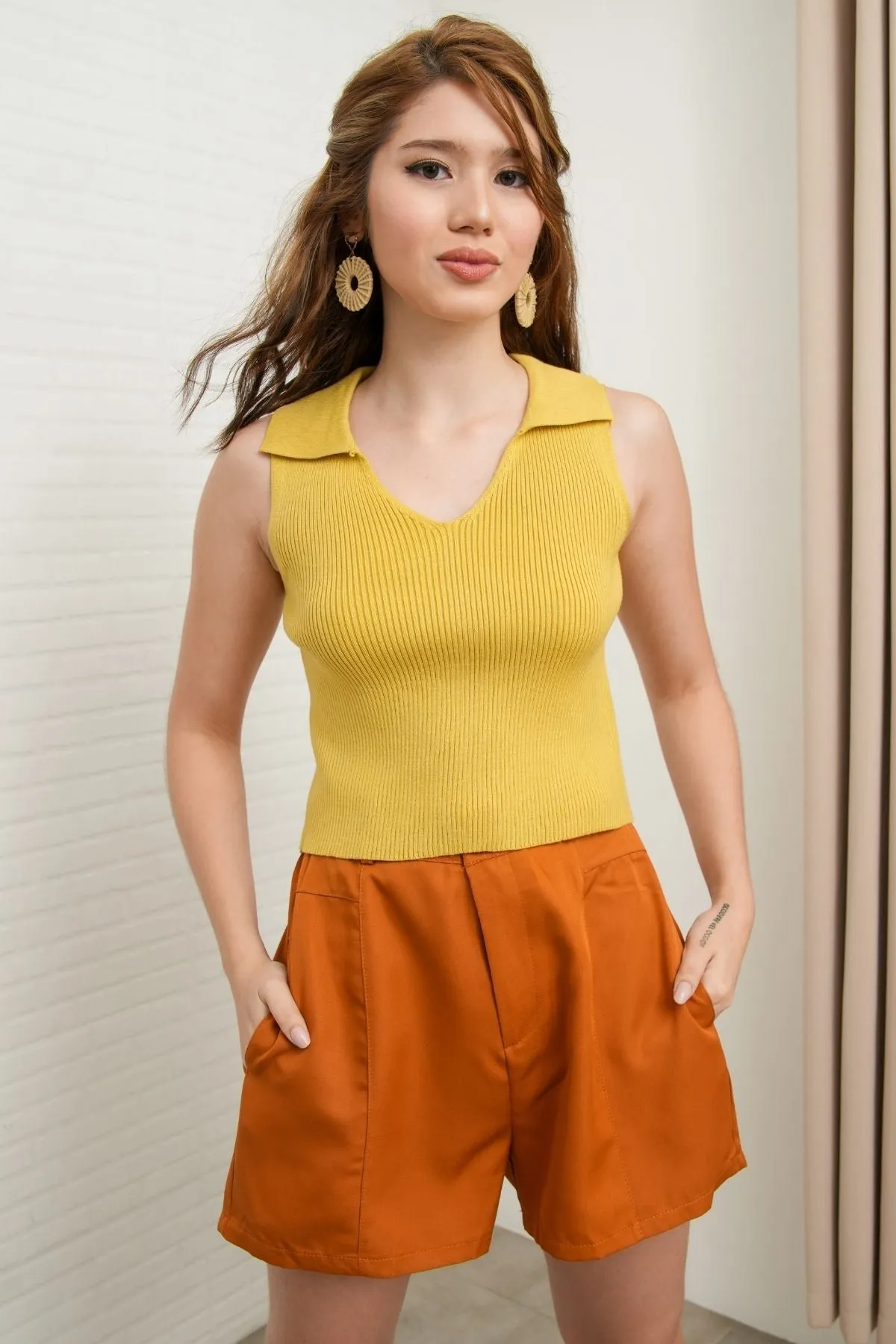 GIGI Sleeveless Collared Rib-Knit Top (Saffron Yellow)