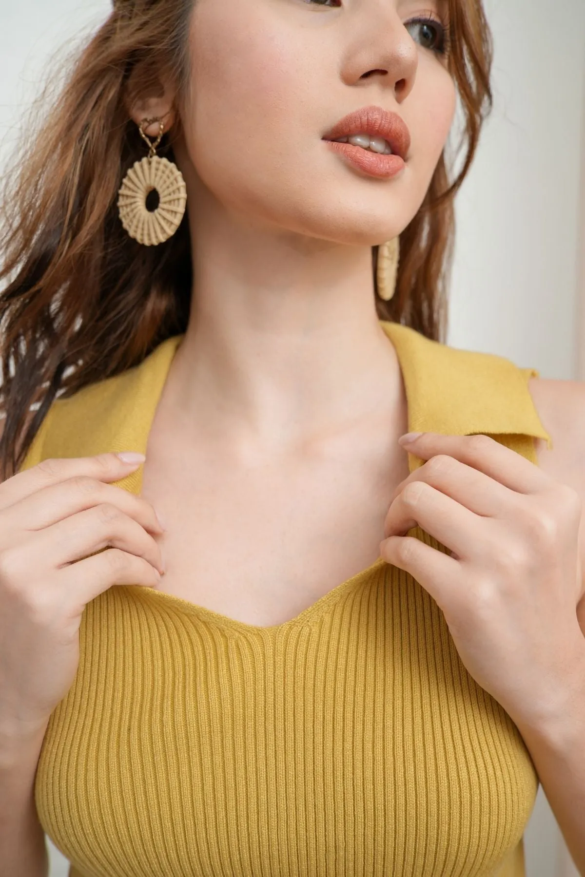 GIGI Sleeveless Collared Rib-Knit Top (Saffron Yellow)