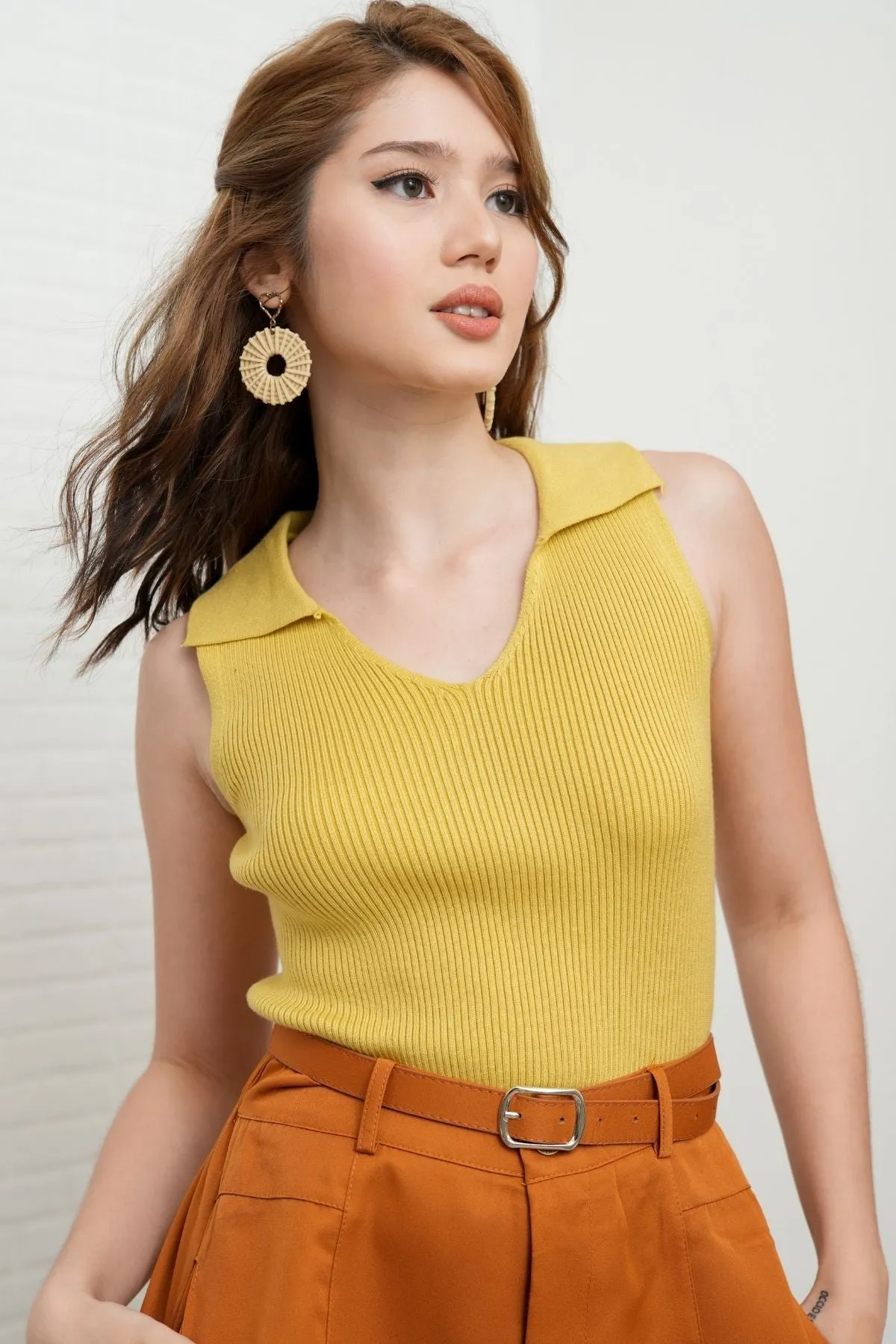 GIGI Sleeveless Collared Rib-Knit Top (Saffron Yellow)
