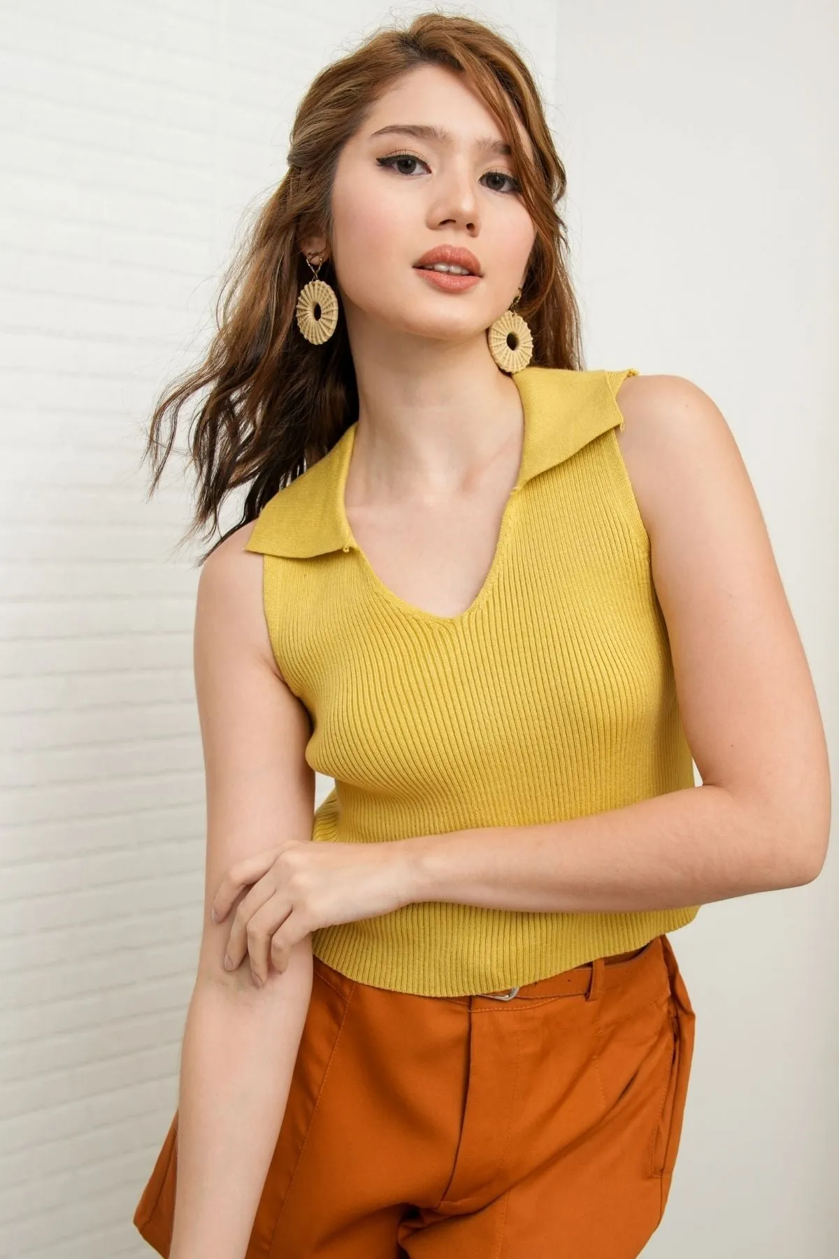 GIGI Sleeveless Collared Rib-Knit Top (Saffron Yellow)