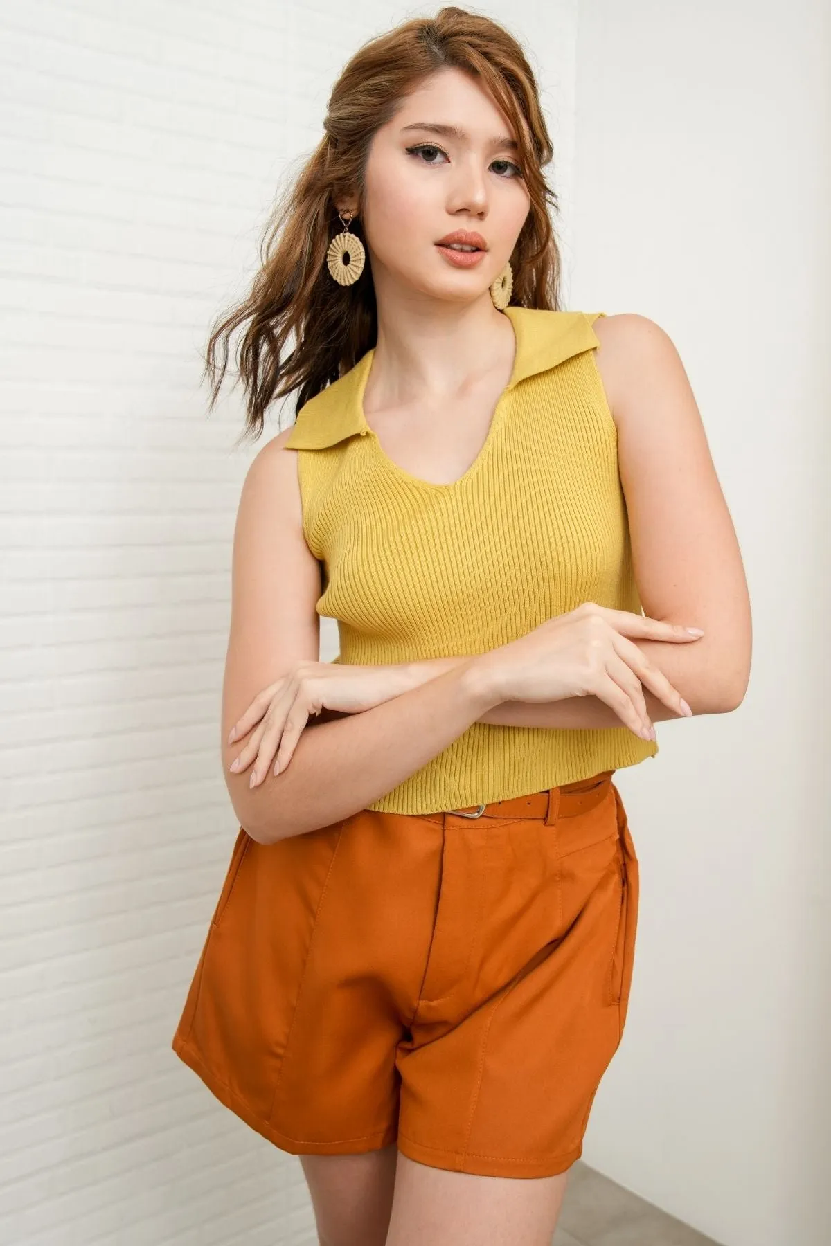 GIGI Sleeveless Collared Rib-Knit Top (Saffron Yellow)