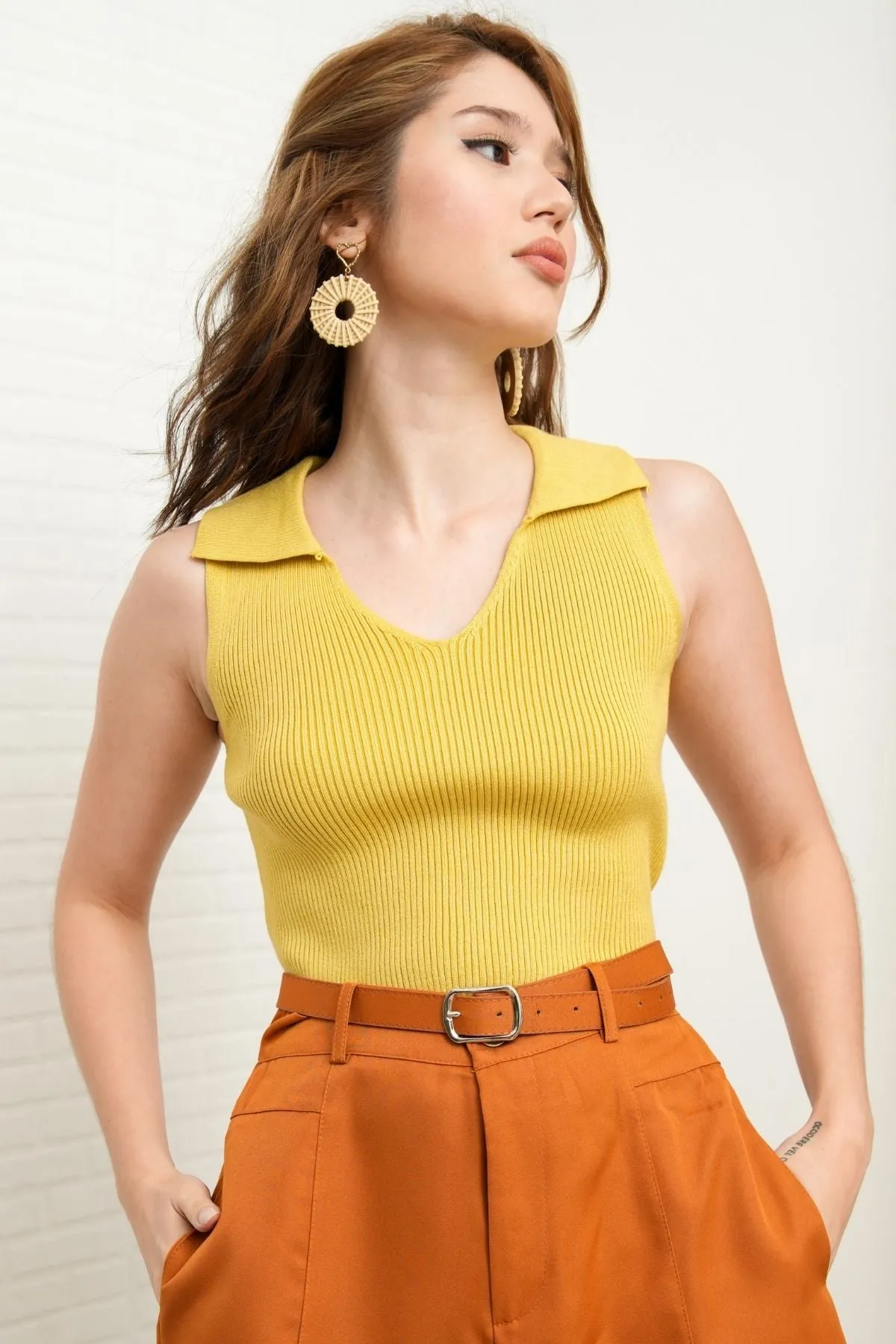 GIGI Sleeveless Collared Rib-Knit Top (Saffron Yellow)