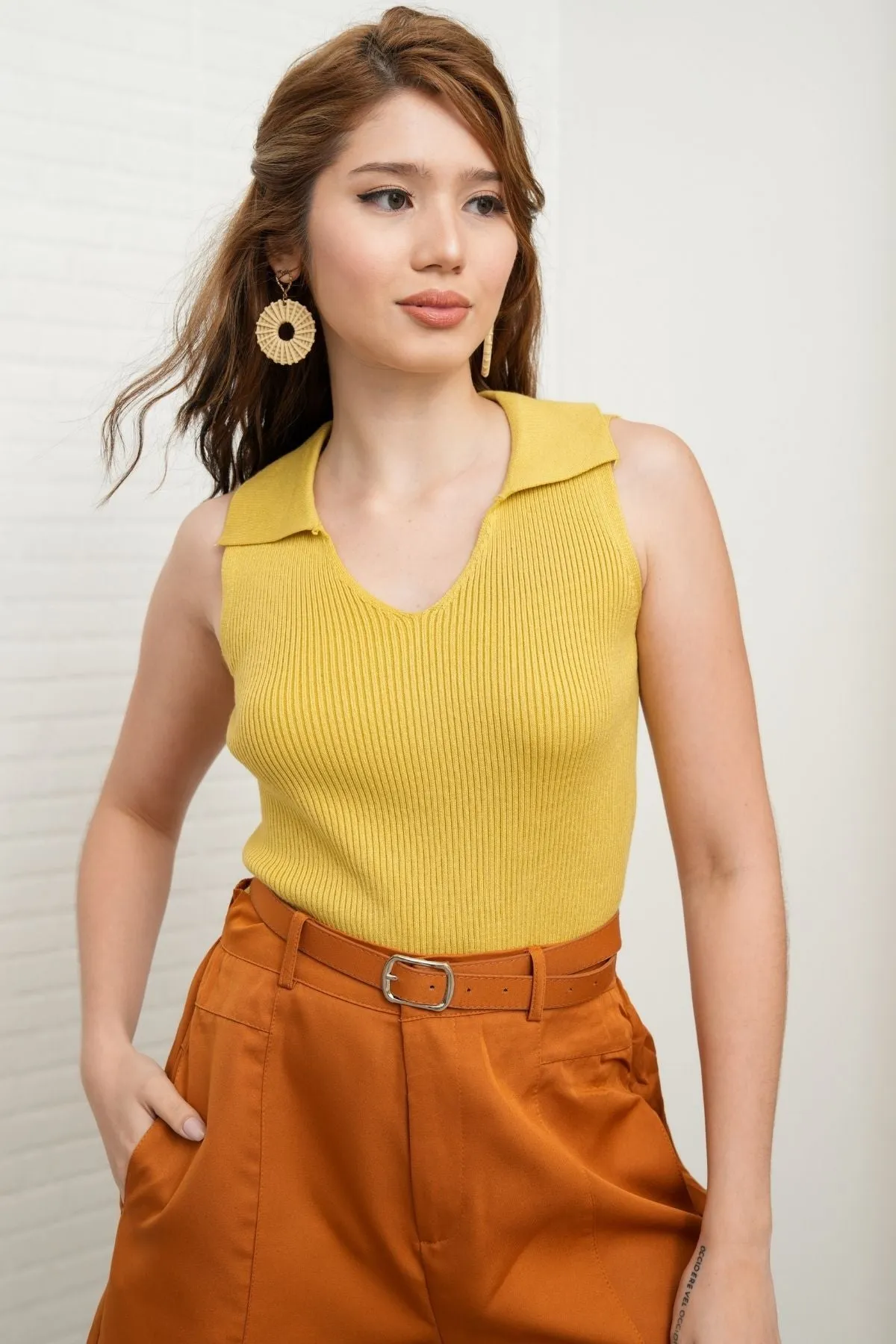 GIGI Sleeveless Collared Rib-Knit Top (Saffron Yellow)