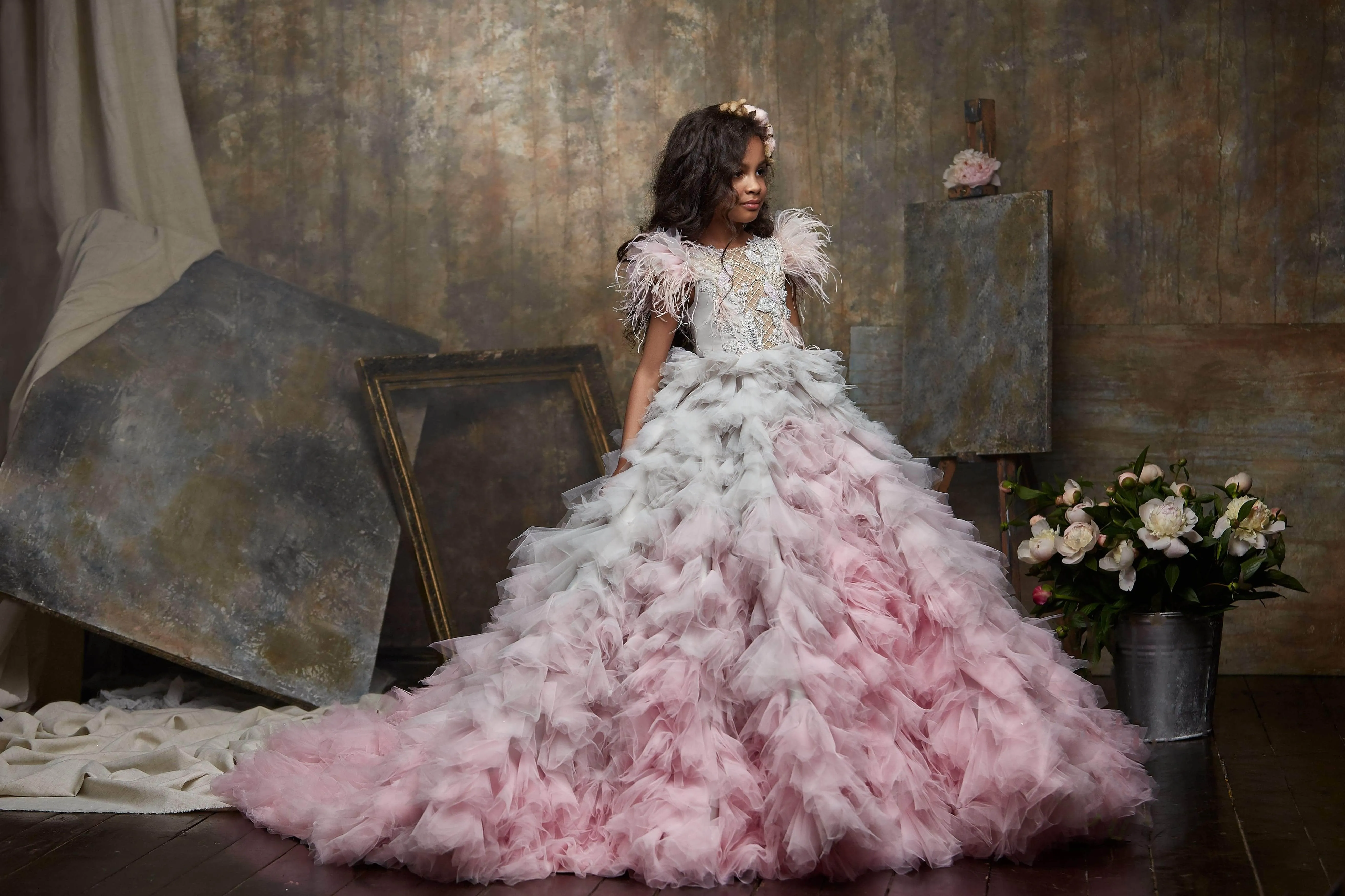 Girls Ruffle Ombre Maxi Dress with a Train