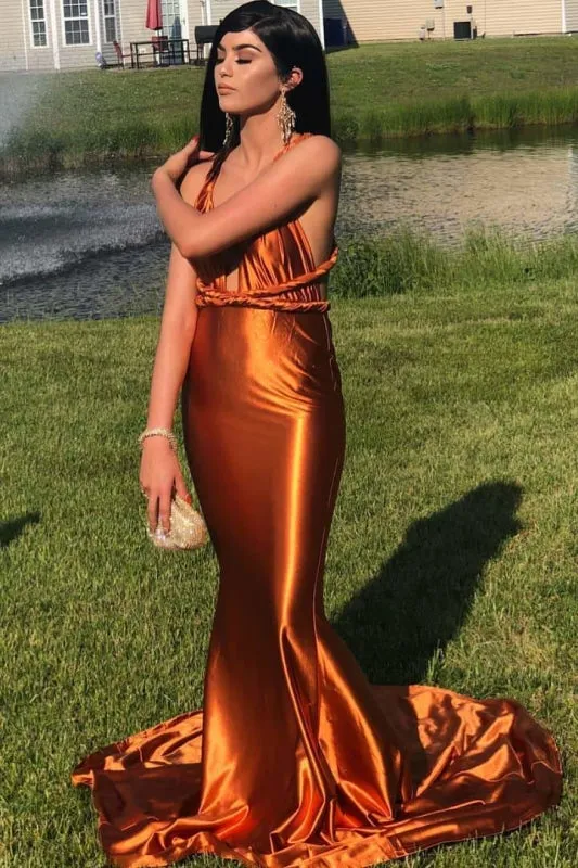 Glamous Halter Sleeveless Floor Length Mermaid Prom Dresses