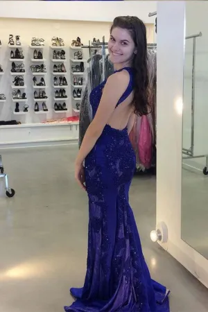Gorgeous Jewel Beading Mermaid Prom Trumpet Sleeveless Sweep Train Evening Dress