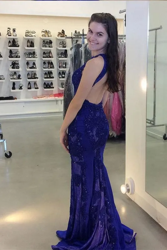 Gorgeous Jewel Beading Mermaid Prom Trumpet Sleeveless Sweep Train Evening Dress