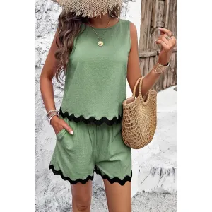 Green Sleeveless Ruffle Hem Shirt & Shorts set