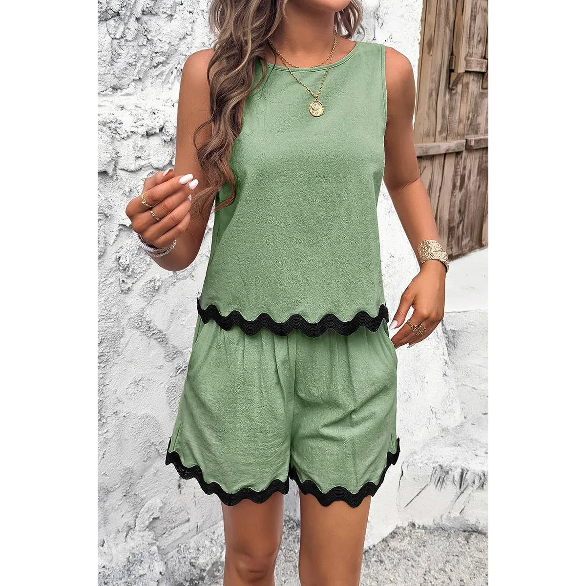 Green Sleeveless Ruffle Hem Shirt & Shorts set