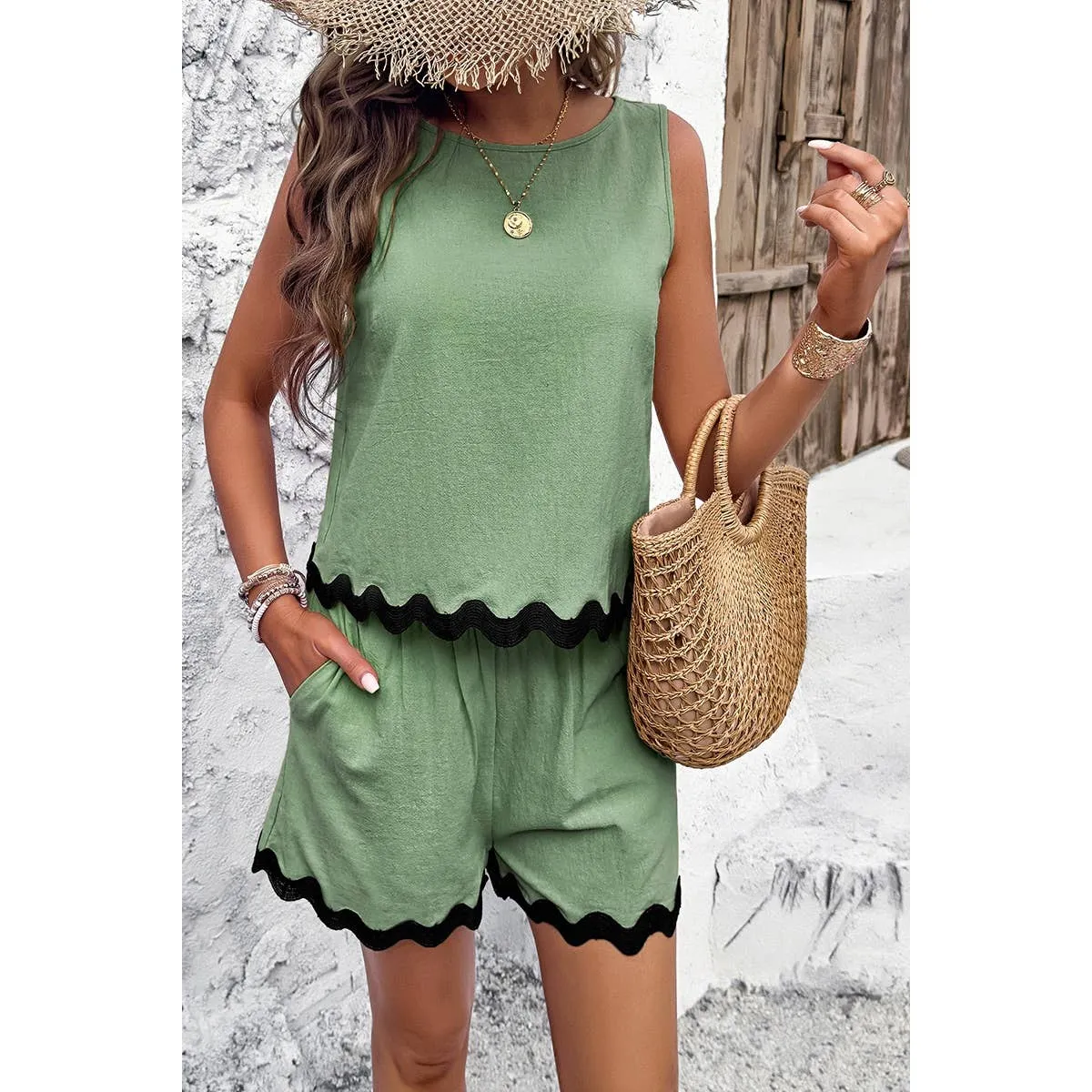 Green Sleeveless Ruffle Hem Shirt & Shorts set