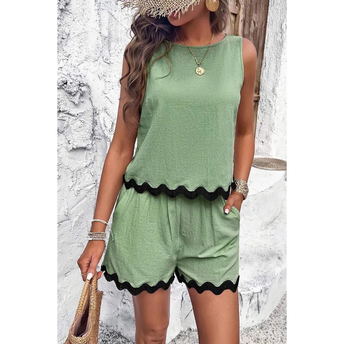 Green Sleeveless Ruffle Hem Shirt & Shorts set