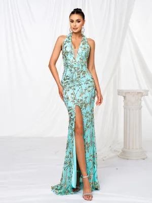 Halter Backless Floral Sequin Prom Dress RJ11645