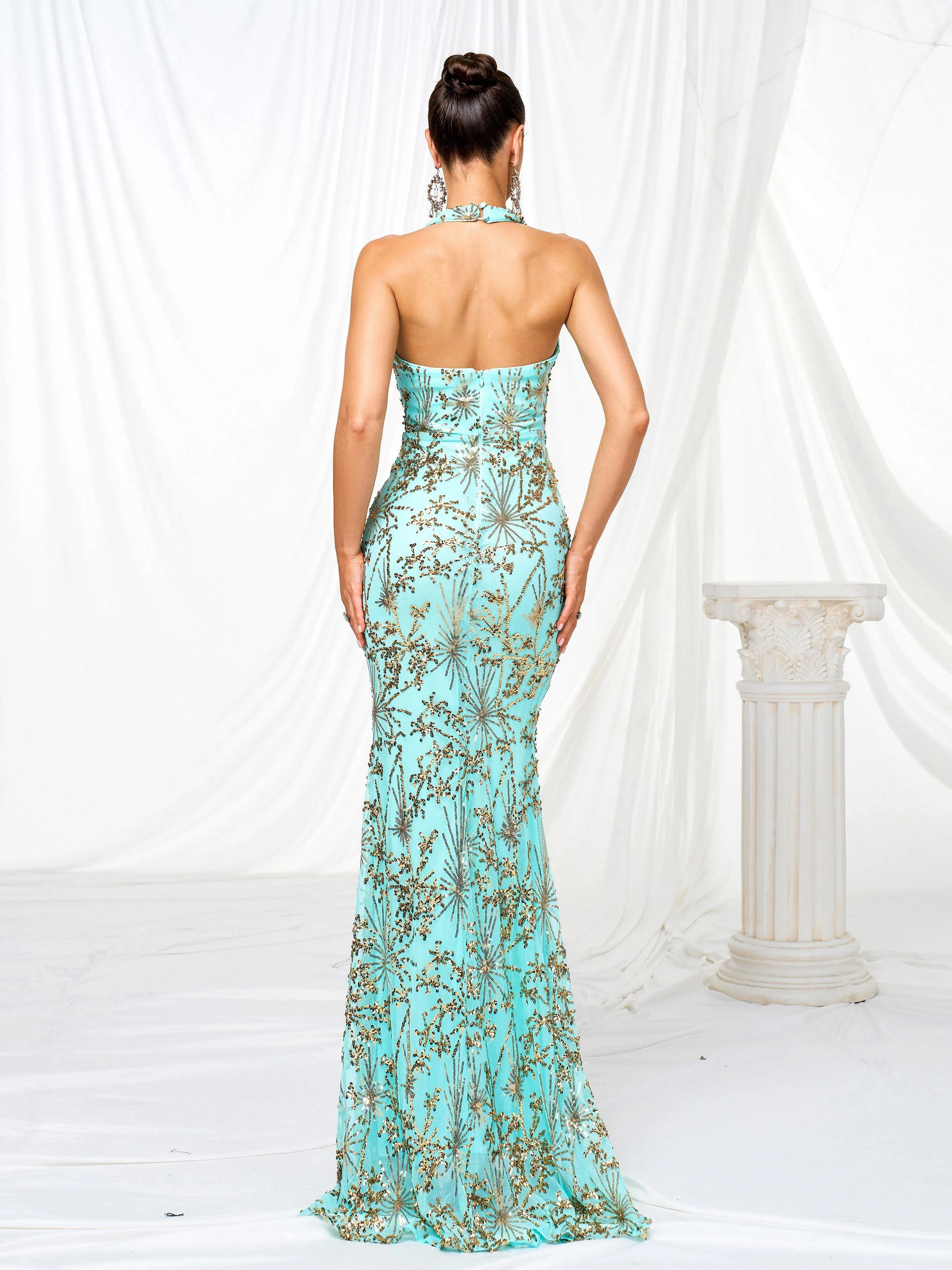Halter Backless Floral Sequin Prom Dress RJ11645