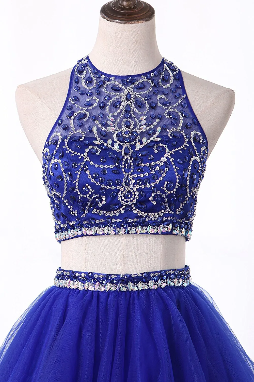 Halter Homecoming Dresses Two Pieces Beaded Bodice Short Prom Dresses