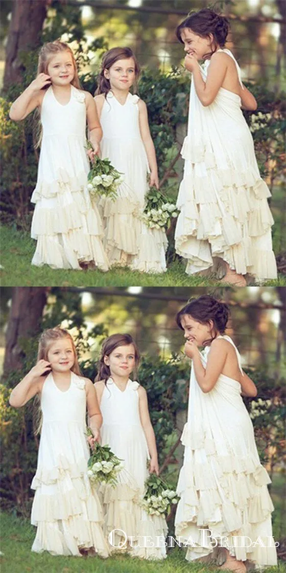 Halter Ivory Chiffon Long Cheap Flower Girl Dresses with Ruffles&Handmade Flowers, QB0224