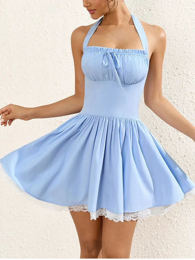 Halter Tie up backless Lace Ruched Dress