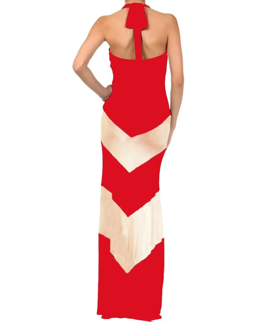Halter Top Maxi Dress Chevron Red Taupe